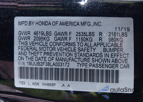 2020 Acura Tlx Standard z USA, uszkodzony, nr VIN 19UUB2F38LA003172